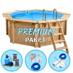 Premium Pool Paket Holzpool Holzschwimmbecken Bali 3,55 x 1,16 m Achteckbecken