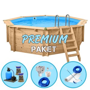 Premium Pool Paket Holzpool Holzschwimmbecken Bali 4,40 x 1,36 m Achteckbecken