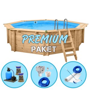 Premium Pool Paket Holzpool Holzschwimmbecken Bali 5,30 x 1,36 m Achteckbecken