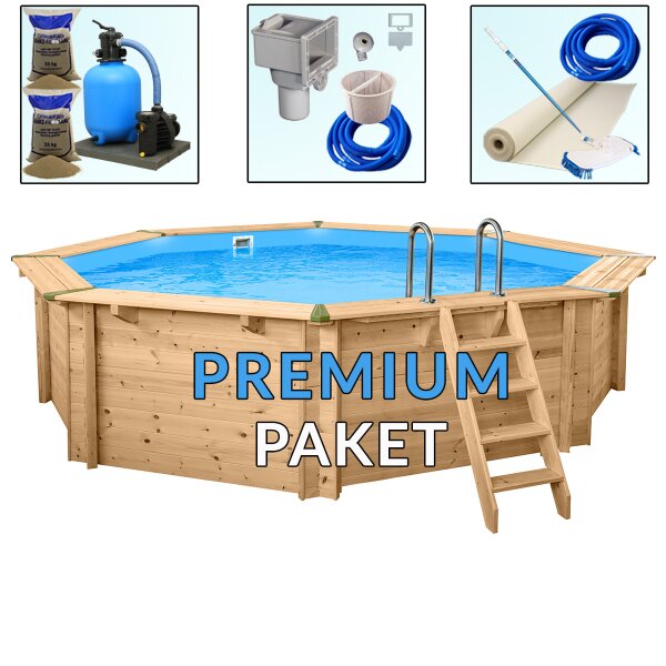Premium Pool Paket Holzpool Holzschwimmbecken Bali 6,55 x 1,36 m Achteckbecken