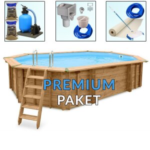 Wooden pool Bali octagonal Ø 3,55 x 1,16 m with stairs, skimmer and liner