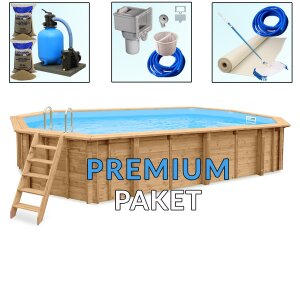 Premium Pool Paket Holzpool Holzschwimmbecken Bali 8,40 x 4,90 x 1,38 m Achteckbecken
