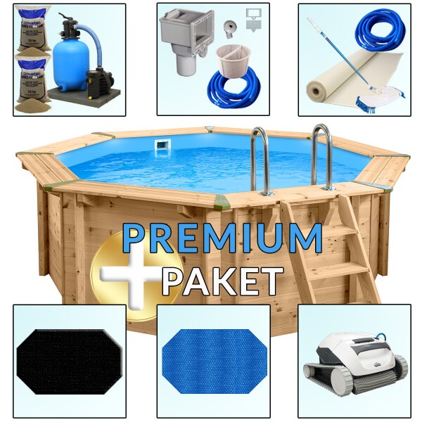 PremiumPlus+ Pool Paket Holzpool Holzschwimmbecken Bali 3,55 x 1,16 m Achteckbecken