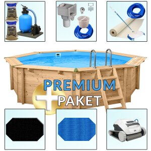 PremiumPlus+ Pool Paket Holzpool Holzschwimmbecken Bali 5,30 x 1,36 m Achteckbecken