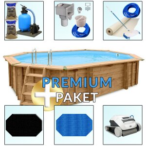 PremiumPlus+ Pool Paket Holzpool Holzschwimmbecken Bali 6,40 x 4,00 x 1,38 m Achteckbecken