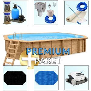 PremiumPlus+ Pool Paket Holzpool Holzschwimmbecken Bali 8,40 x 4,90 x 1,38 m Achteckbecken