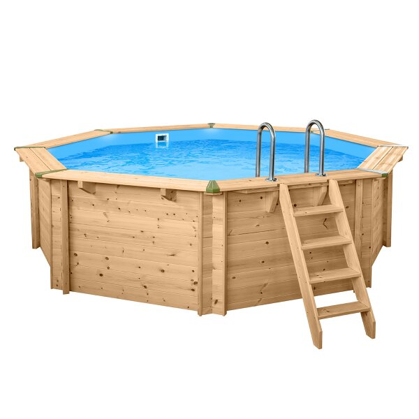 Wooden pool Bali octagonal Ø 3,55 x 1,16 m with stairs, skimmer and liner